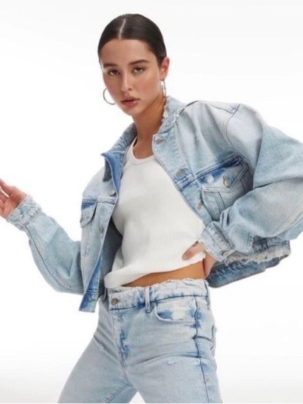 NWOT Good American Good Night Crop Denim Jacket Distressed size 3 / Large